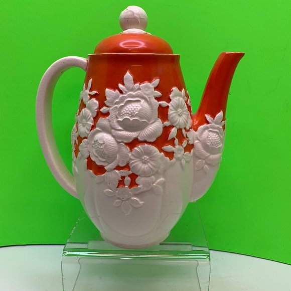 Vintage Japan Moriyama Mori-Machi Orange & White Flower Tea/Coffee Pot Has crazi - Picture 1 of 8